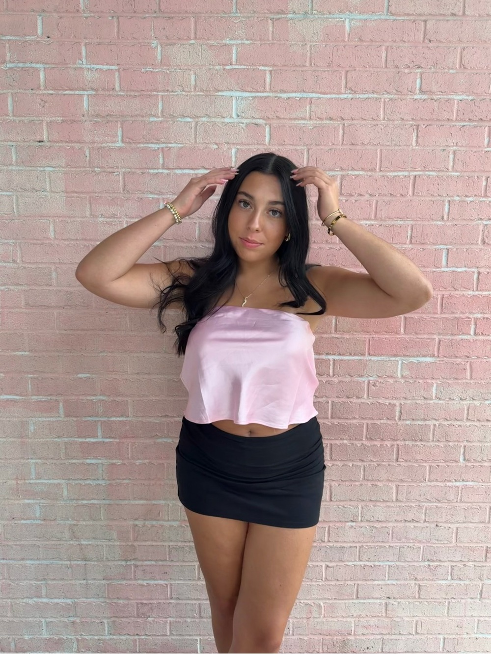 Strapless Satin Crop Top in Light Pink